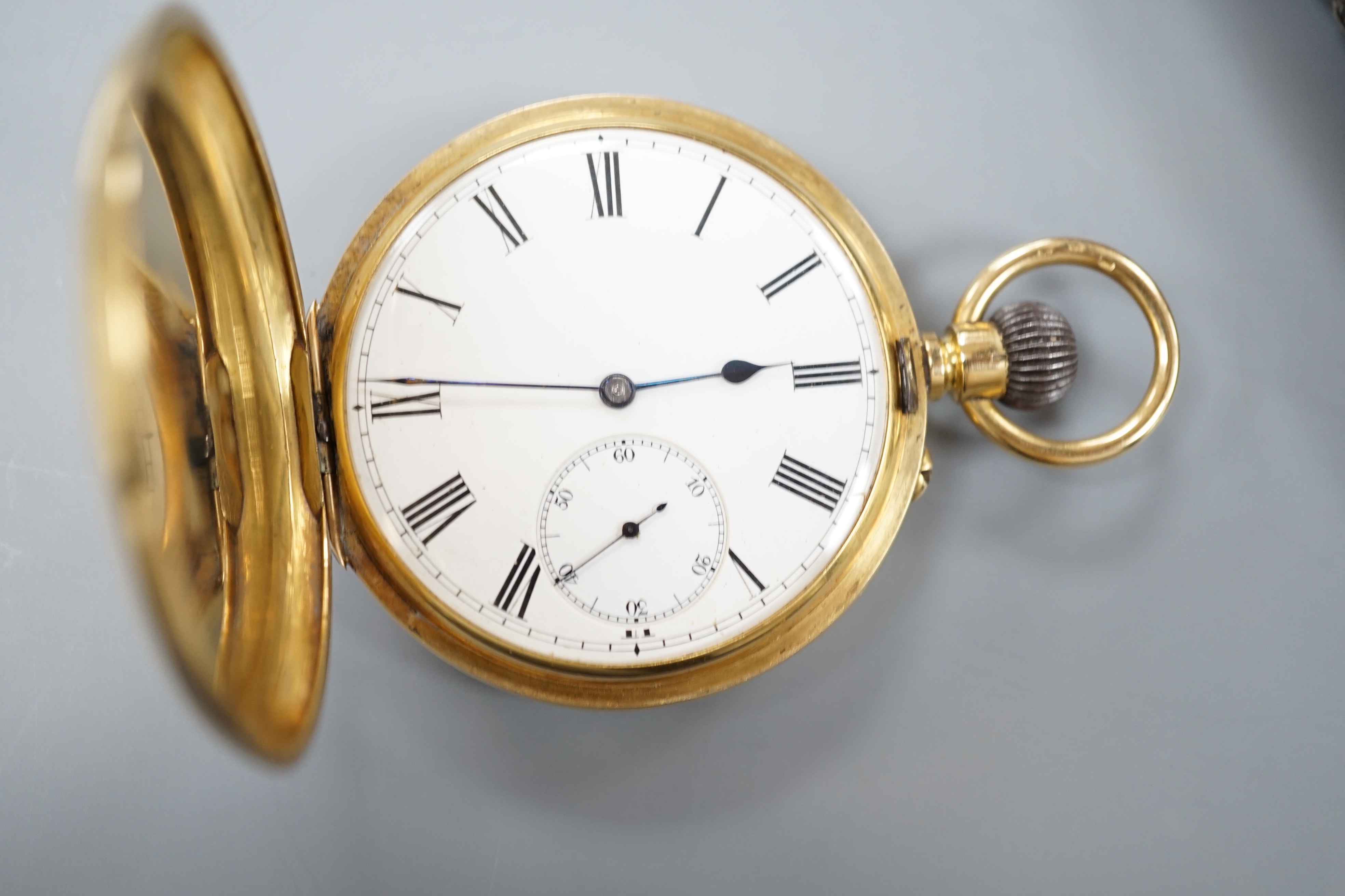 A Swiss 18k yellow metal keyless hunter pocket watch, with Roman dial and subsidiary seconds, case diameter 52mm, gross 121.8 grams, in fitted case.